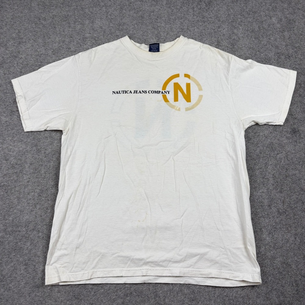 Nautica Jeans‎ Company T-Shirt Mens Medium White Graphic Logo Made in USA